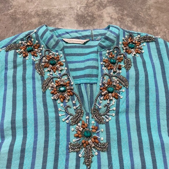 Soft Surrounding Shirt Womens sz Small Boho Striped Blue Tunic Roll Tab‎ Sleeve - Picture 2 of 13